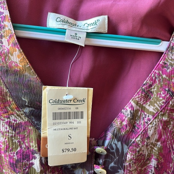 Coldwater Creek  silk blouse sheer sleeves  V-neck/buttons  pink blue sage NWT - Picture 2 of 15